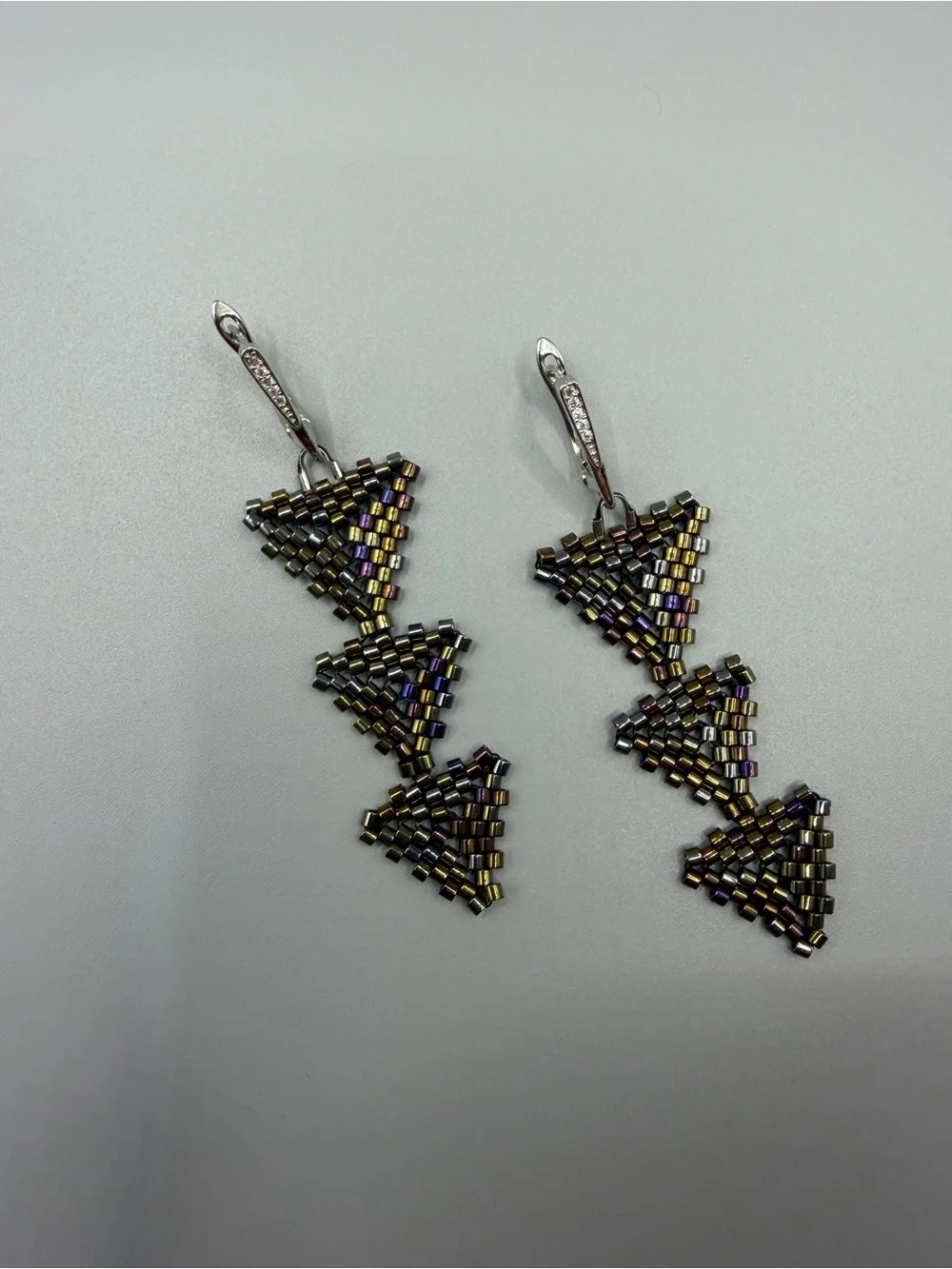 Handcrafted Iridescent Tri-Tier Bead Drop Earrings - Silver Hooks